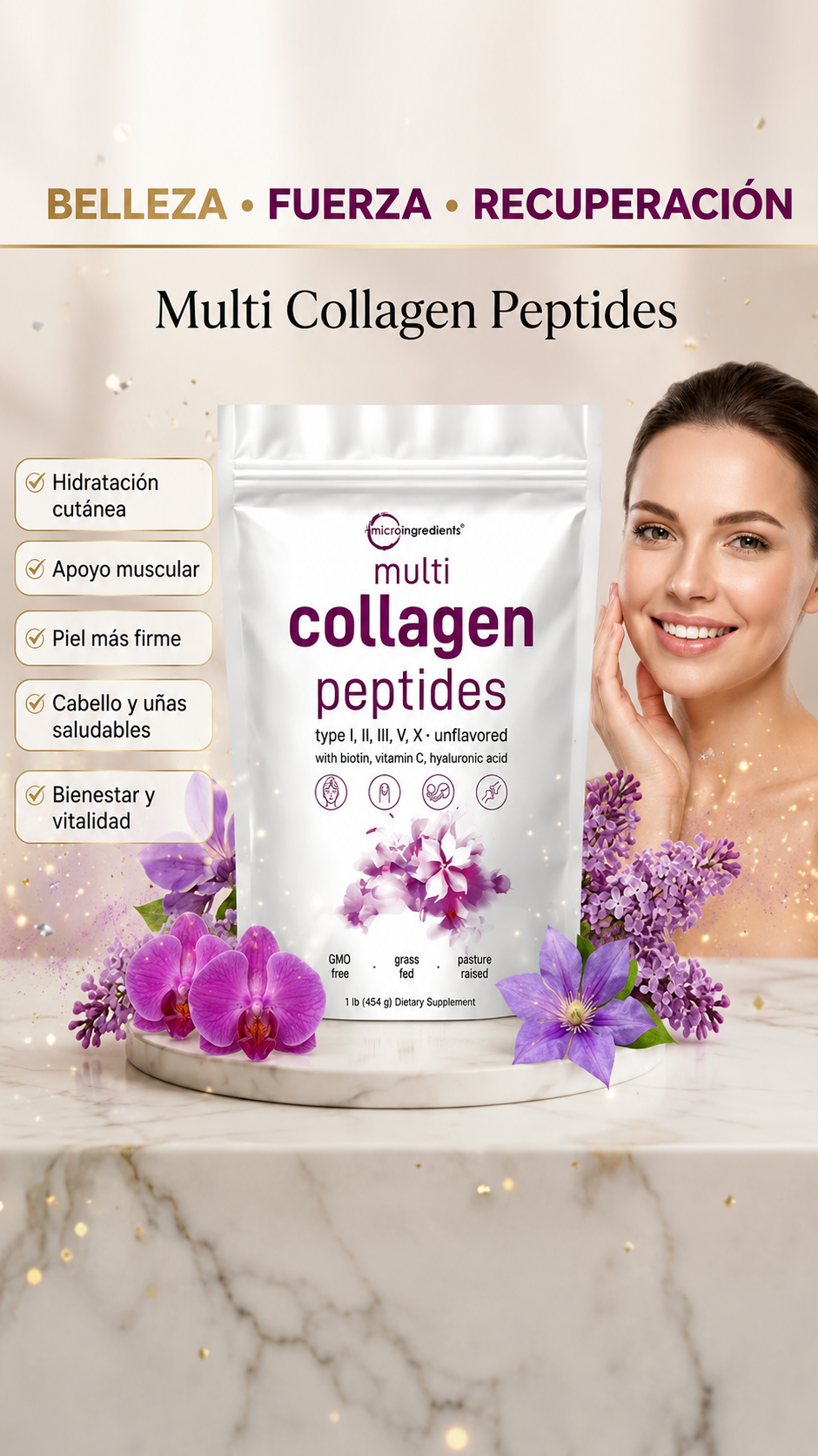 Multi Collagen Peptides 5 Tipos | Biotina + Vitamina C + Ácido Hialurónico
