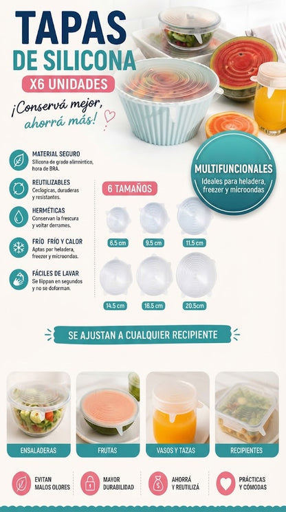 Pack de Tapas de Silicona Premium – 6 Tamaños (Adiós al Desperdicio)