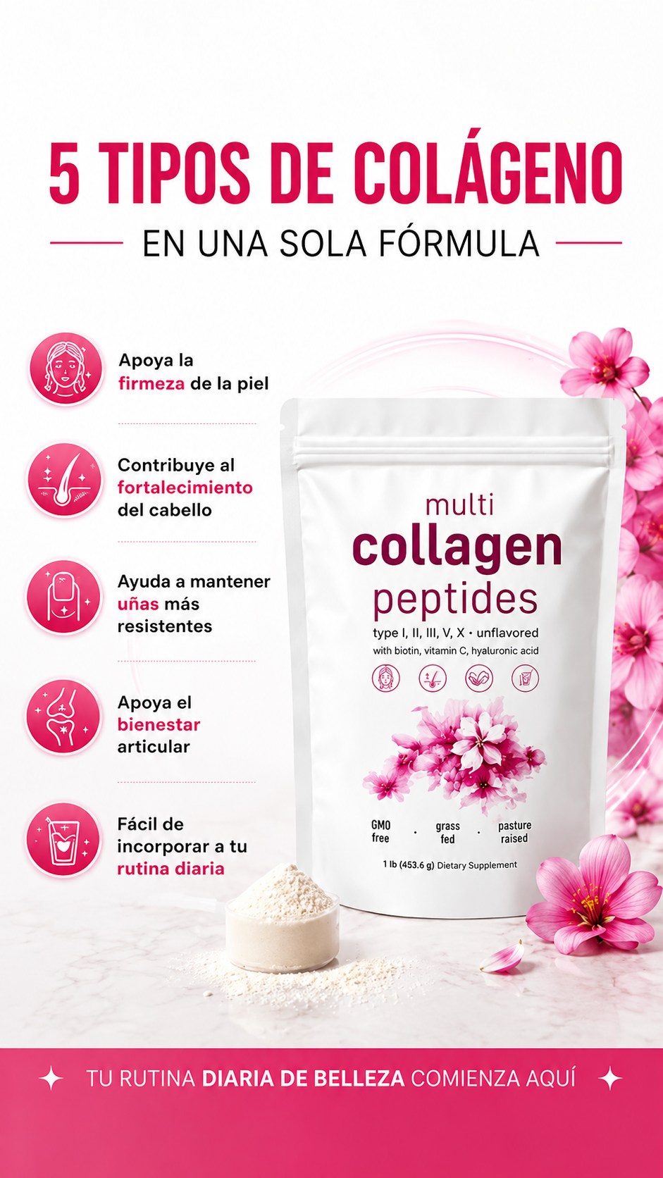 Multi Collagen Peptides 5 Tipos | Biotina + Vitamina C + Ácido Hialurónico