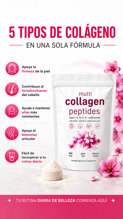 Multi Collagen Peptides 5 Tipos | Biotina + Vitamina C + Ácido Hialurónico