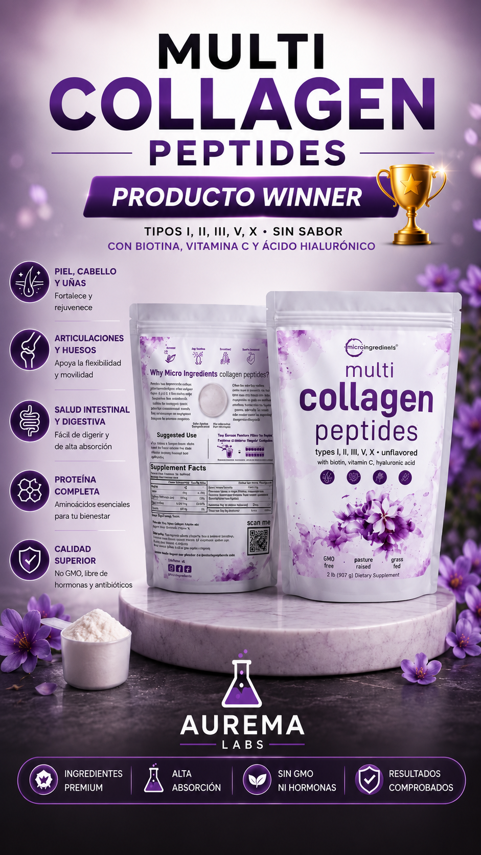 Multi Collagen Peptides 5 Tipos | Biotina + Vitamina C + Ácido Hialurónico