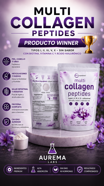 Multi Collagen Peptides 5 Tipos | Biotina + Vitamina C + Ácido Hialurónico