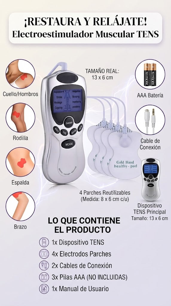 Electroestimulador TENS con 4 Electrodos — Alivia Dolores y Tonifica Músculos