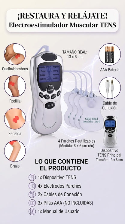 Electroestimulador TENS con 4 Electrodos — Alivia Dolores y Tonifica Músculos