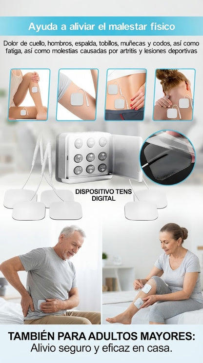 Electroestimulador TENS con 4 Electrodos — Alivia Dolores y Tonifica Músculos